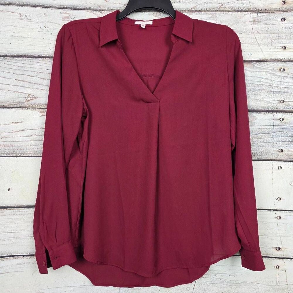 Maurices Burgundy Long Sleeve Blouse V Neck Button Cuff Size L